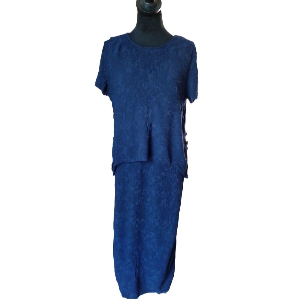 Forever Caroline Women's 16 Navy Blue Jacquard Bodycon Midi Dress, Vtg